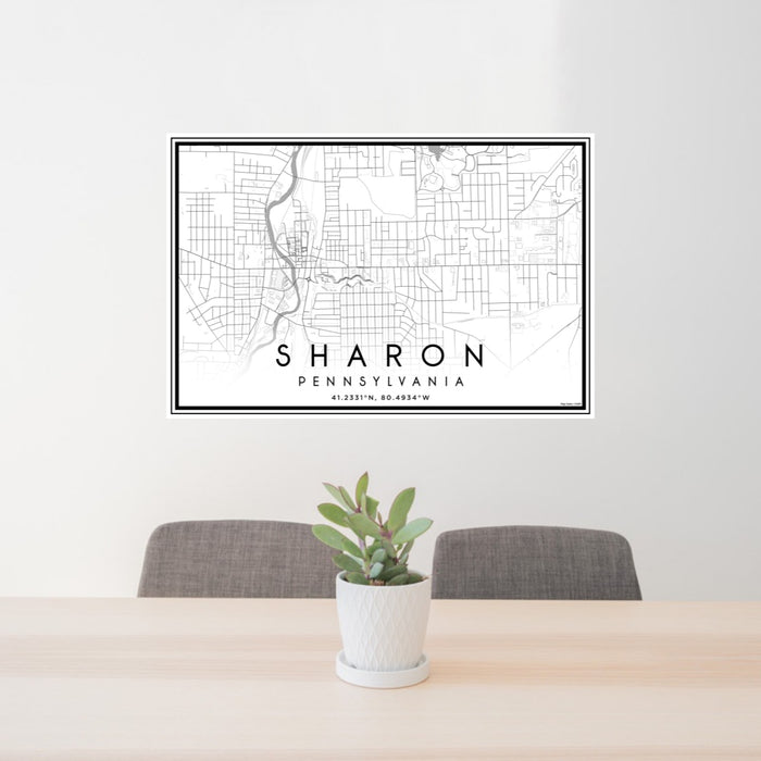 24x36 Sharon Pennsylvania Map Print Landscape Orientation in Classic Style Behind 2 Chairs Table and Potted Plant