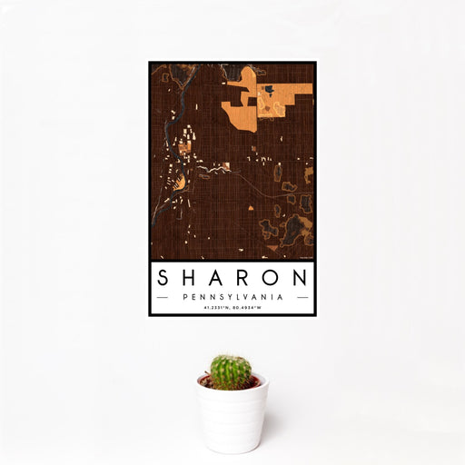 12x18 Sharon Pennsylvania Map Print Portrait Orientation in Ember Style With Small Cactus Plant in White Planter