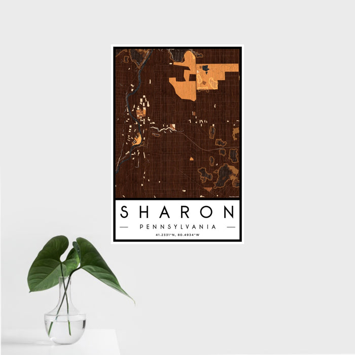 16x24 Sharon Pennsylvania Map Print Portrait Orientation in Ember Style With Tropical Plant Leaves in Water