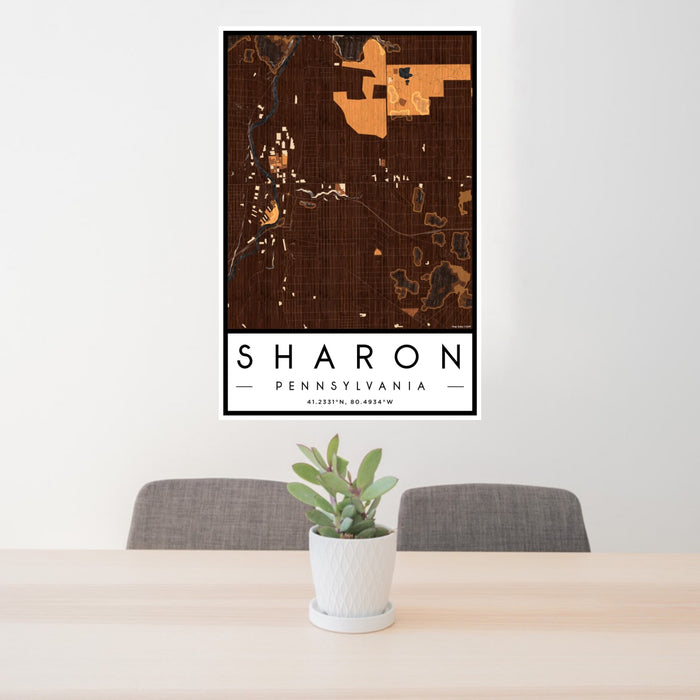 24x36 Sharon Pennsylvania Map Print Portrait Orientation in Ember Style Behind 2 Chairs Table and Potted Plant