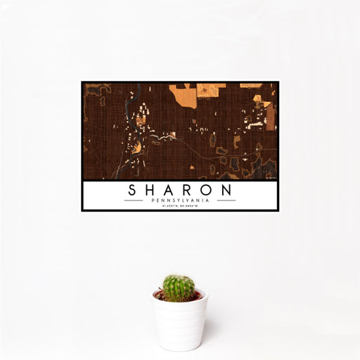 12x18 Sharon Pennsylvania Map Print Landscape Orientation in Ember Style With Small Cactus Plant in White Planter