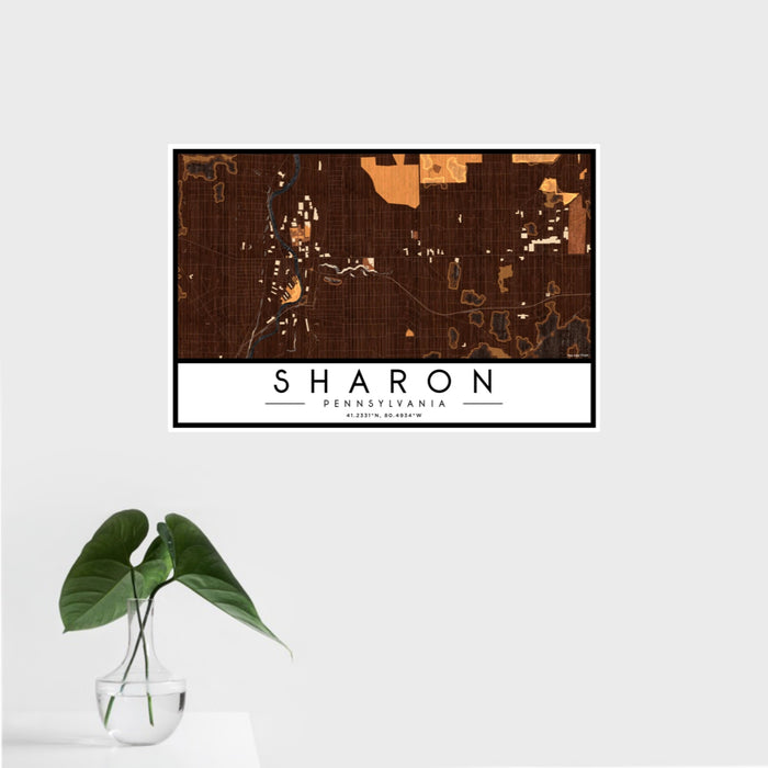 16x24 Sharon Pennsylvania Map Print Landscape Orientation in Ember Style With Tropical Plant Leaves in Water