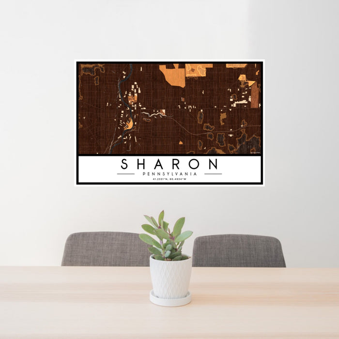 24x36 Sharon Pennsylvania Map Print Landscape Orientation in Ember Style Behind 2 Chairs Table and Potted Plant