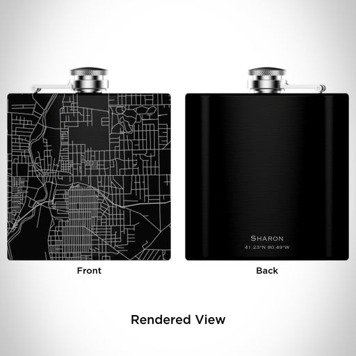 Rendered View of Sharon Pennsylvania Map Engraving on 6oz Stainless Steel Flask in Black