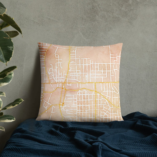 Custom Sharon Pennsylvania Map Throw Pillow in Watercolor on Bedding Against Wall