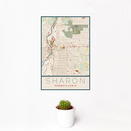 12x18 Sharon Pennsylvania Map Print Portrait Orientation in Woodblock Style With Small Cactus Plant in White Planter