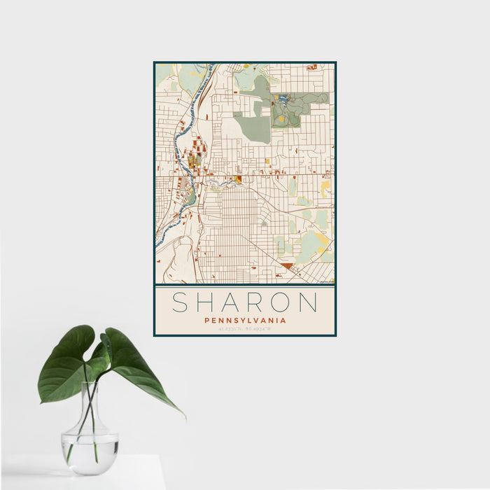 16x24 Sharon Pennsylvania Map Print Portrait Orientation in Woodblock Style With Tropical Plant Leaves in Water