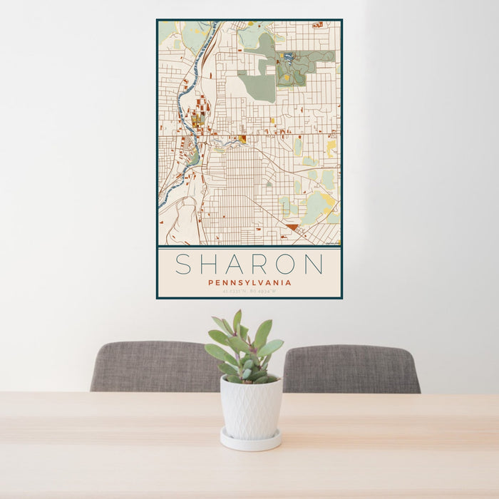 24x36 Sharon Pennsylvania Map Print Portrait Orientation in Woodblock Style Behind 2 Chairs Table and Potted Plant