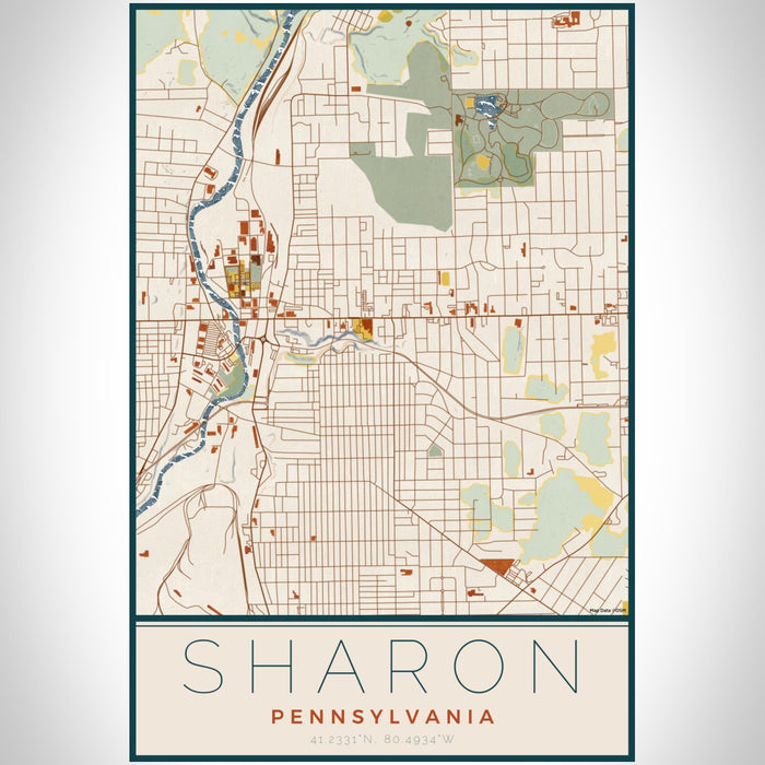 Sharon Pennsylvania Map Print Portrait Orientation in Woodblock Style With Shaded Background