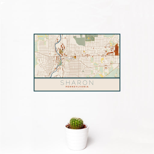 12x18 Sharon Pennsylvania Map Print Landscape Orientation in Woodblock Style With Small Cactus Plant in White Planter