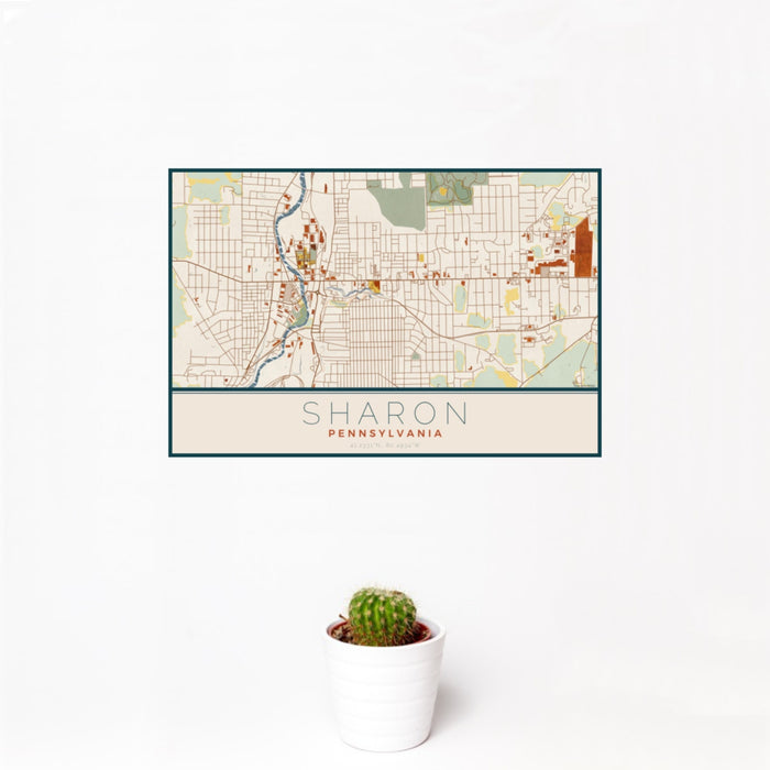 12x18 Sharon Pennsylvania Map Print Landscape Orientation in Woodblock Style With Small Cactus Plant in White Planter