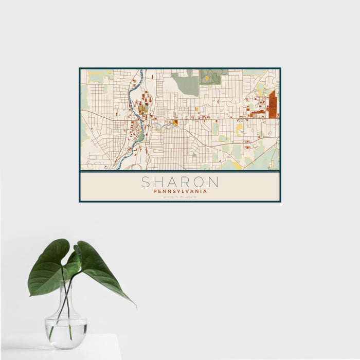 16x24 Sharon Pennsylvania Map Print Landscape Orientation in Woodblock Style With Tropical Plant Leaves in Water