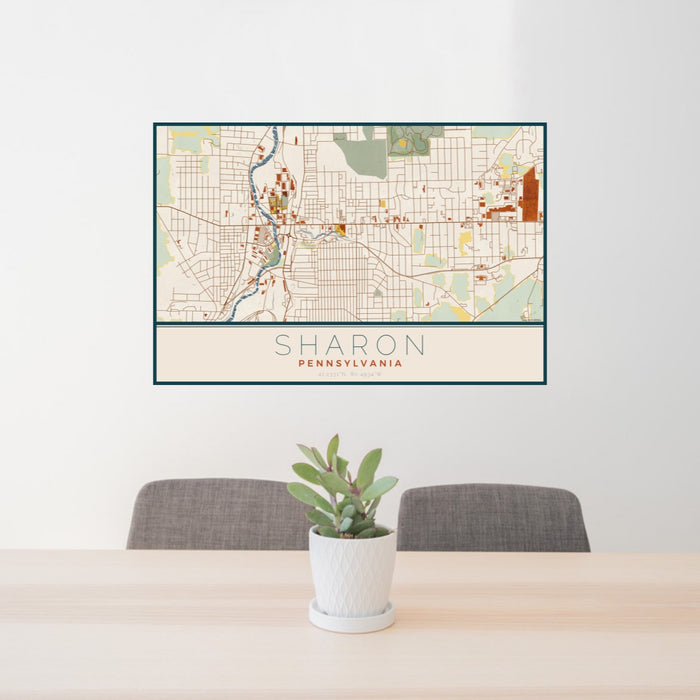 24x36 Sharon Pennsylvania Map Print Landscape Orientation in Woodblock Style Behind 2 Chairs Table and Potted Plant