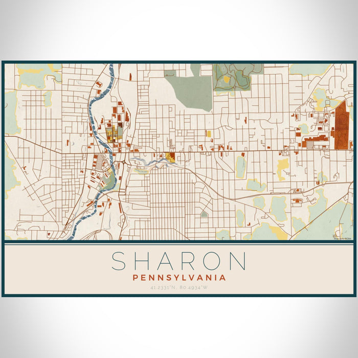 Sharon Pennsylvania Map Print Landscape Orientation in Woodblock Style With Shaded Background