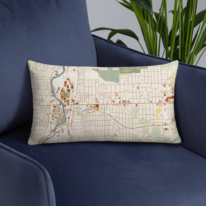 Custom Sharon Pennsylvania Map Throw Pillow in Woodblock on Blue Colored Chair