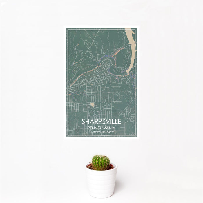 12x18 Sharpsville Pennsylvania Map Print Portrait Orientation in Afternoon Style With Small Cactus Plant in White Planter