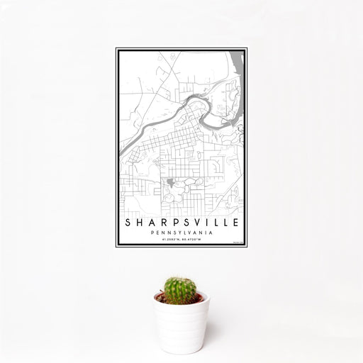 12x18 Sharpsville Pennsylvania Map Print Portrait Orientation in Classic Style With Small Cactus Plant in White Planter