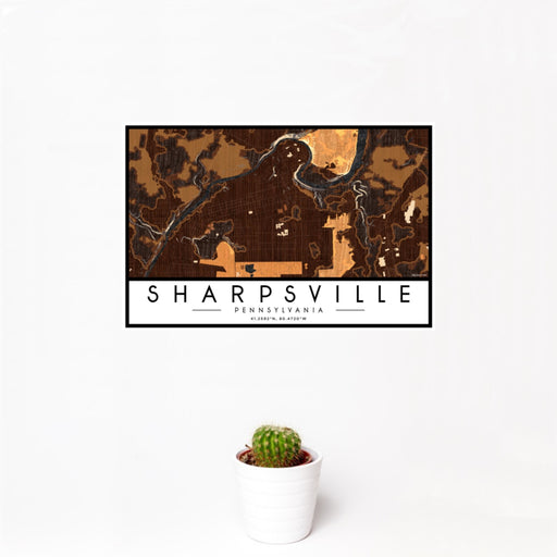 12x18 Sharpsville Pennsylvania Map Print Landscape Orientation in Ember Style With Small Cactus Plant in White Planter