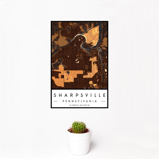 12x18 Sharpsville Pennsylvania Map Print Portrait Orientation in Ember Style With Small Cactus Plant in White Planter