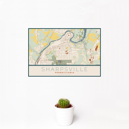 12x18 Sharpsville Pennsylvania Map Print Landscape Orientation in Woodblock Style With Small Cactus Plant in White Planter