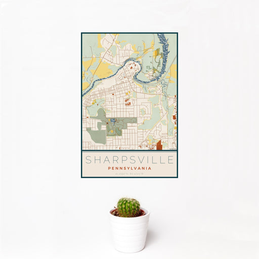 12x18 Sharpsville Pennsylvania Map Print Portrait Orientation in Woodblock Style With Small Cactus Plant in White Planter