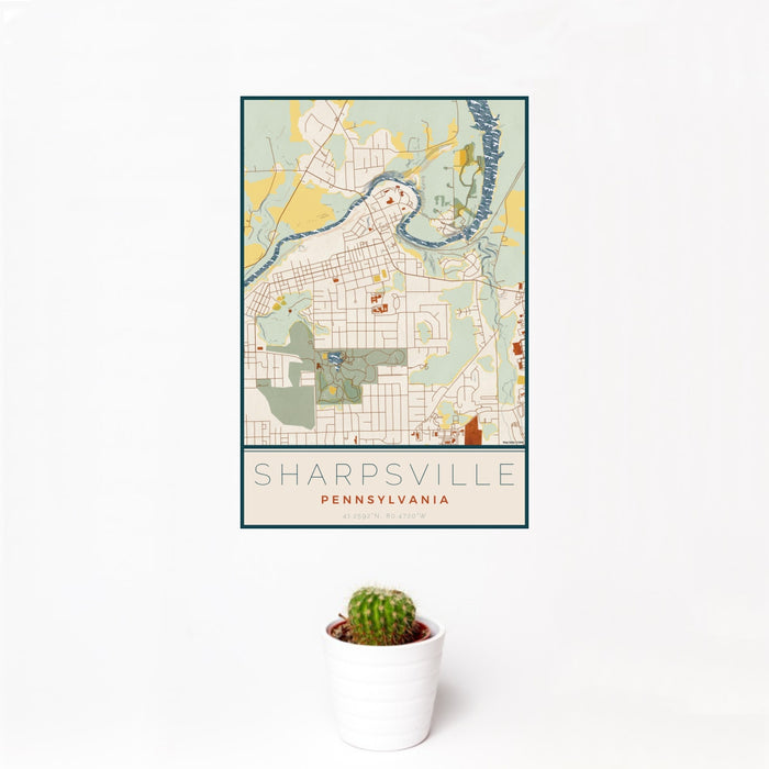 12x18 Sharpsville Pennsylvania Map Print Portrait Orientation in Woodblock Style With Small Cactus Plant in White Planter