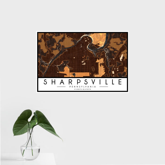 16x24 Sharpsville Pennsylvania Map Print Landscape Orientation in Ember Style With Tropical Plant Leaves in Water