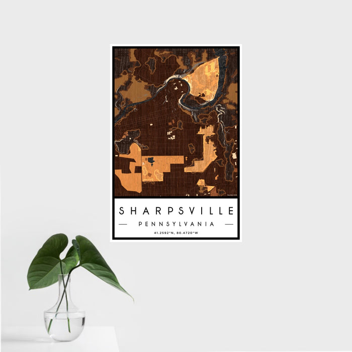 16x24 Sharpsville Pennsylvania Map Print Portrait Orientation in Ember Style With Tropical Plant Leaves in Water