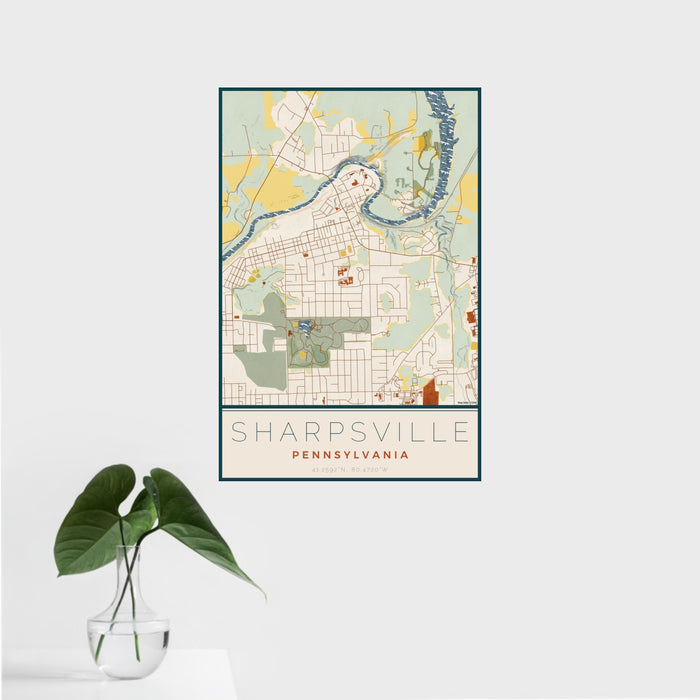 16x24 Sharpsville Pennsylvania Map Print Portrait Orientation in Woodblock Style With Tropical Plant Leaves in Water