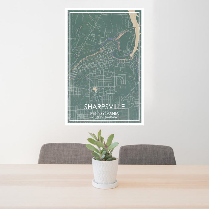 24x36 Sharpsville Pennsylvania Map Print Portrait Orientation in Afternoon Style Behind 2 Chairs Table and Potted Plant