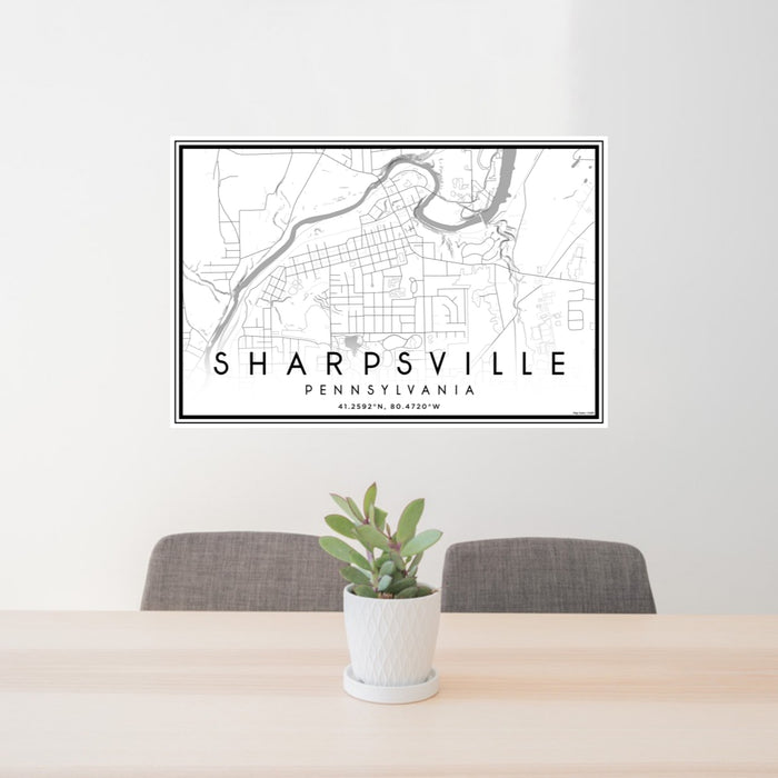 24x36 Sharpsville Pennsylvania Map Print Lanscape Orientation in Classic Style Behind 2 Chairs Table and Potted Plant