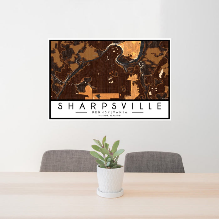 24x36 Sharpsville Pennsylvania Map Print Lanscape Orientation in Ember Style Behind 2 Chairs Table and Potted Plant