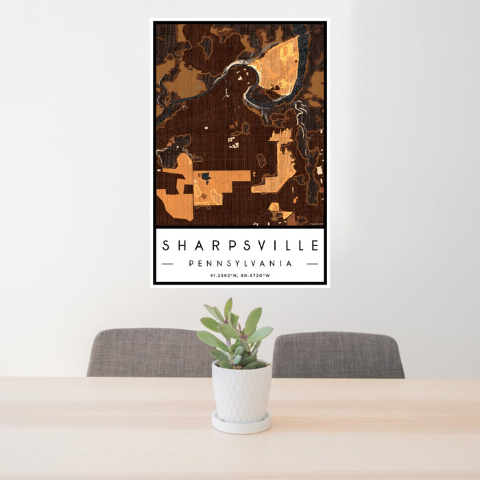 24x36 Sharpsville Pennsylvania Map Print Portrait Orientation in Ember Style Behind 2 Chairs Table and Potted Plant