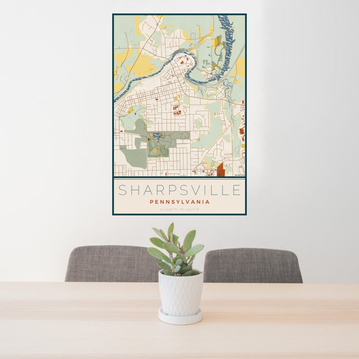 24x36 Sharpsville Pennsylvania Map Print Portrait Orientation in Woodblock Style Behind 2 Chairs Table and Potted Plant