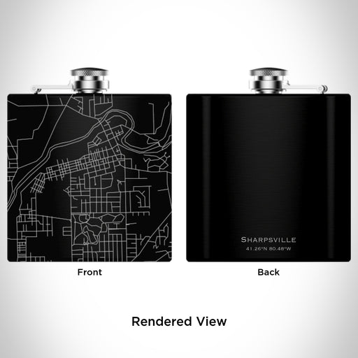 Rendered View of Sharpsville Pennsylvania Map Engraving on 6oz Stainless Steel Flask in Black