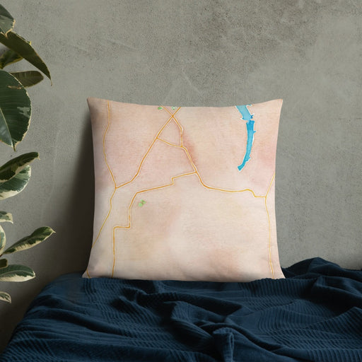 Custom Sharpsville Pennsylvania Map Throw Pillow in Watercolor on Bedding Against Wall