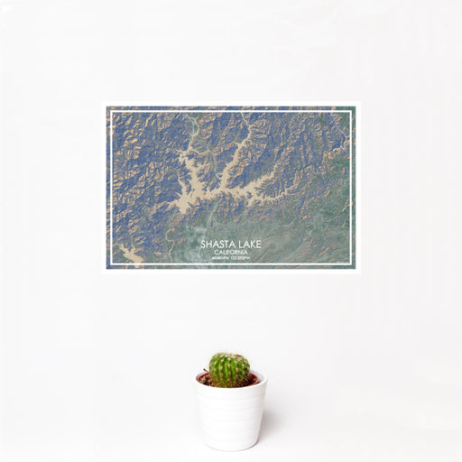 12x18 Shasta Lake California Map Print Landscape Orientation in Afternoon Style With Small Cactus Plant in White Planter