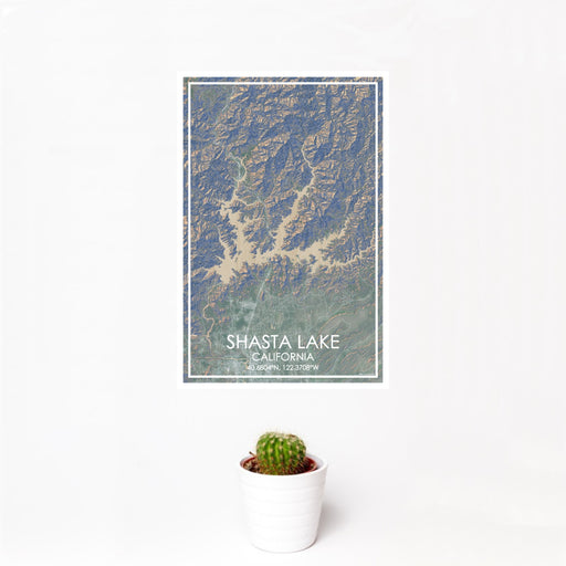 12x18 Shasta Lake California Map Print Portrait Orientation in Afternoon Style With Small Cactus Plant in White Planter