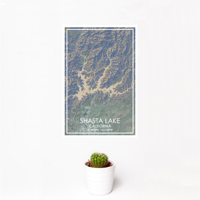 12x18 Shasta Lake California Map Print Portrait Orientation in Afternoon Style With Small Cactus Plant in White Planter