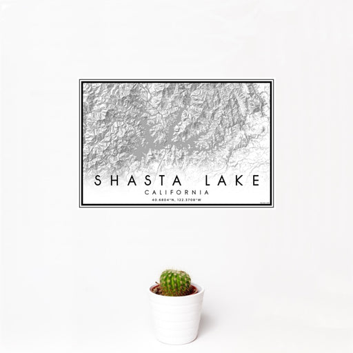 12x18 Shasta Lake California Map Print Landscape Orientation in Classic Style With Small Cactus Plant in White Planter