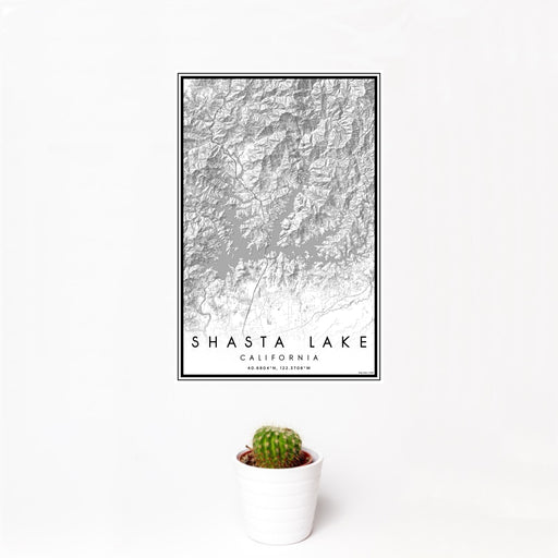 12x18 Shasta Lake California Map Print Portrait Orientation in Classic Style With Small Cactus Plant in White Planter
