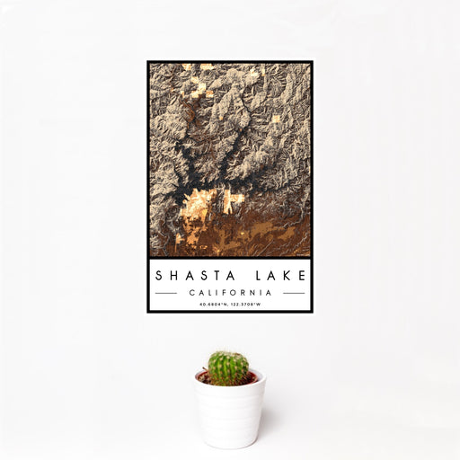 12x18 Shasta Lake California Map Print Portrait Orientation in Ember Style With Small Cactus Plant in White Planter