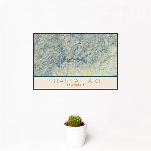12x18 Shasta Lake California Map Print Landscape Orientation in Woodblock Style With Small Cactus Plant in White Planter
