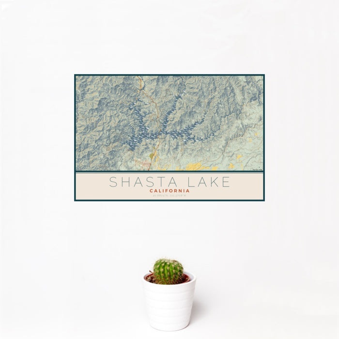 12x18 Shasta Lake California Map Print Landscape Orientation in Woodblock Style With Small Cactus Plant in White Planter