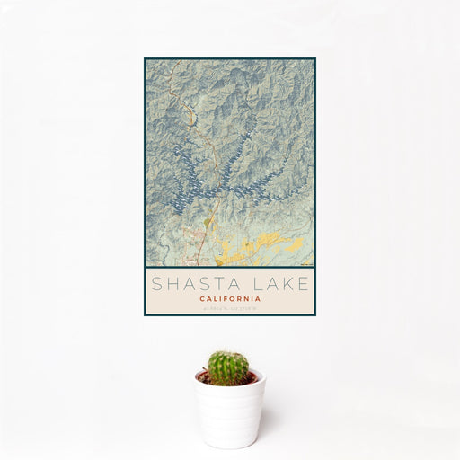 12x18 Shasta Lake California Map Print Portrait Orientation in Woodblock Style With Small Cactus Plant in White Planter
