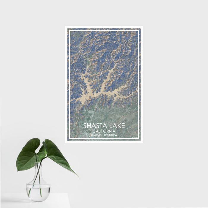 16x24 Shasta Lake California Map Print Portrait Orientation in Afternoon Style With Tropical Plant Leaves in Water