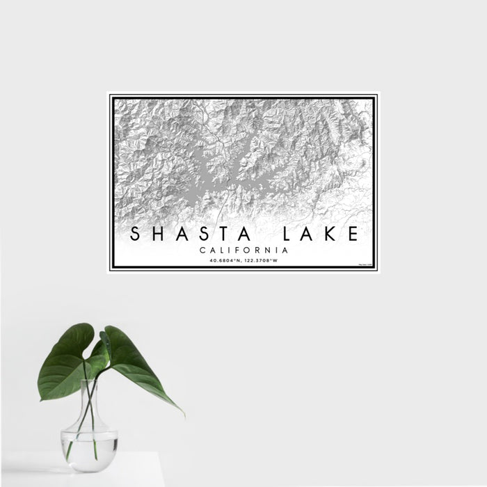 16x24 Shasta Lake California Map Print Landscape Orientation in Classic Style With Tropical Plant Leaves in Water