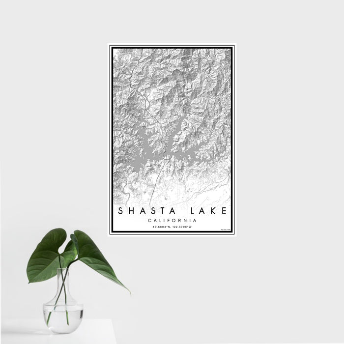 16x24 Shasta Lake California Map Print Portrait Orientation in Classic Style With Tropical Plant Leaves in Water