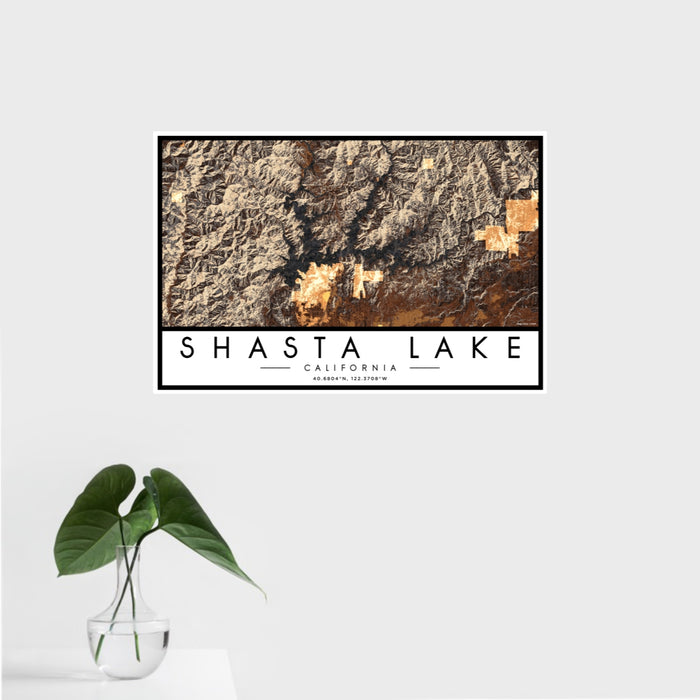 16x24 Shasta Lake California Map Print Landscape Orientation in Ember Style With Tropical Plant Leaves in Water