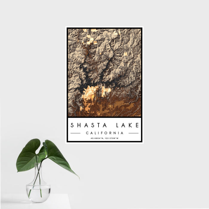 16x24 Shasta Lake California Map Print Portrait Orientation in Ember Style With Tropical Plant Leaves in Water